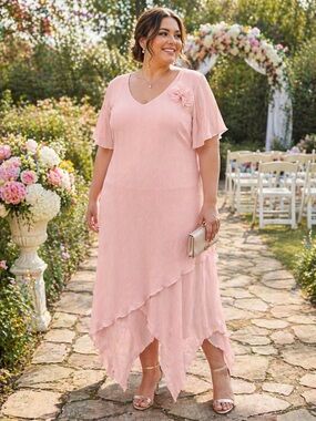 Plus Sz 20 Long Formal Dress Pink Crinkle Chiffon Handkerchief Hem V-Neck Line